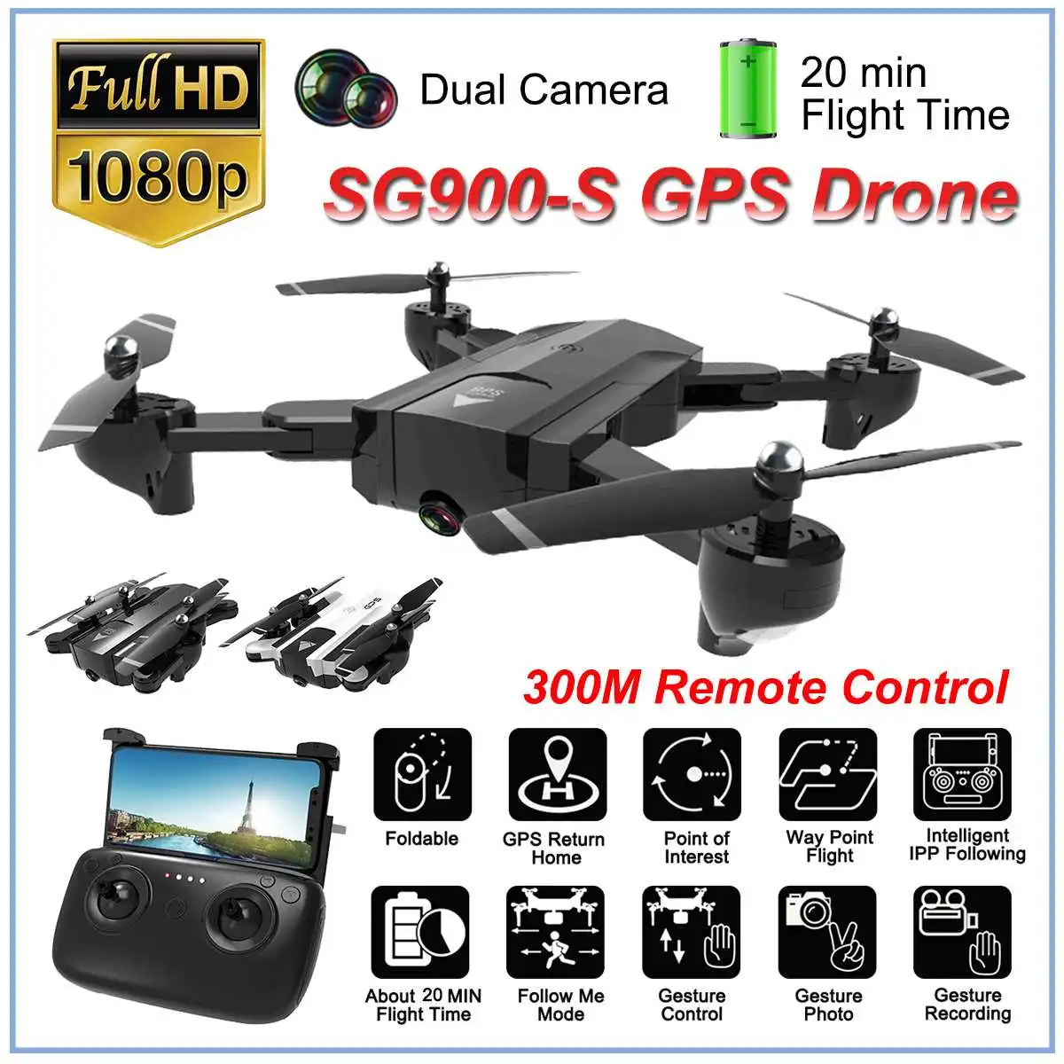 

SG900S Ultra HD 1080P Foldable Camera Drones GPS with Camera 2.4G GPS RC Drone Wifi FPV Wide-Angle Camera Long Battery Life