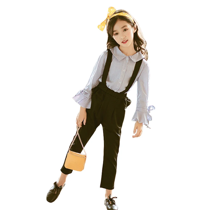 

2018 new autumn fashion striped children clothing set long-sleeve t-shirt+overalls winter 3 -12 yrs teenage girls school outfits