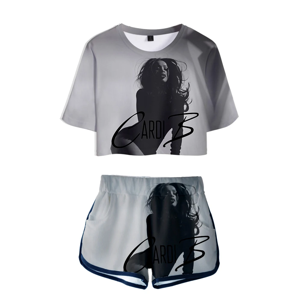 النساء وتتسابق 2019 2 قطعة النساء كاردي B الوردي الزي 3D تي شيرت مطبوع المرأة دعوى السراويل الصيف 2 قطعة المحاصيل أعلى فرقة فام