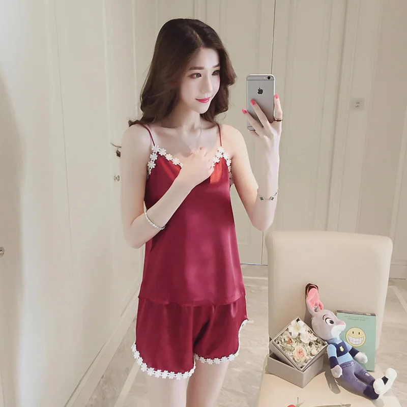 

Summer Korean sexy silk strap shorts lace pajamas two-piece home service ice silk thin ladies suit free shipping