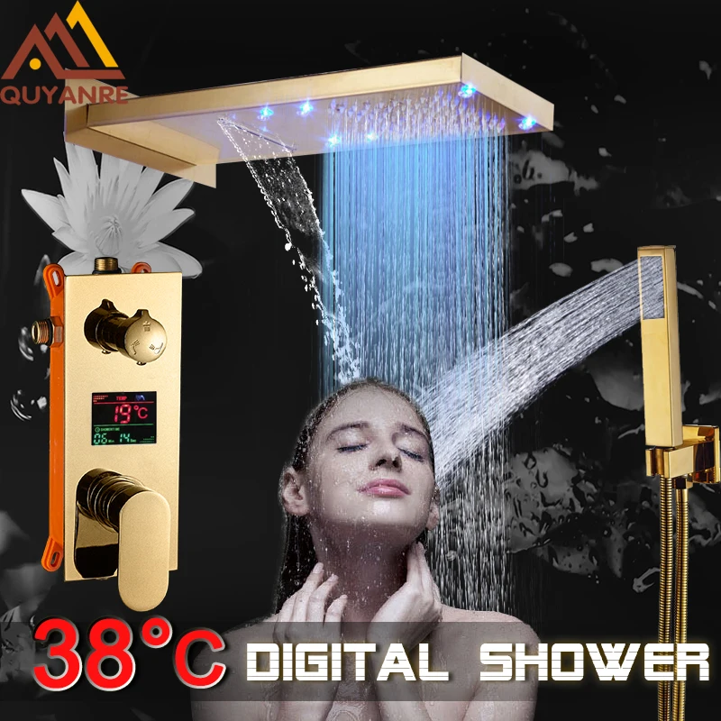 Quyanre золотые цифровой смесители для душа набор светодиодный дождь водопад Насадки для душа 3-сторонний выход цифровой Дисплей смесителя Concea светодиодный Ванная комната душа