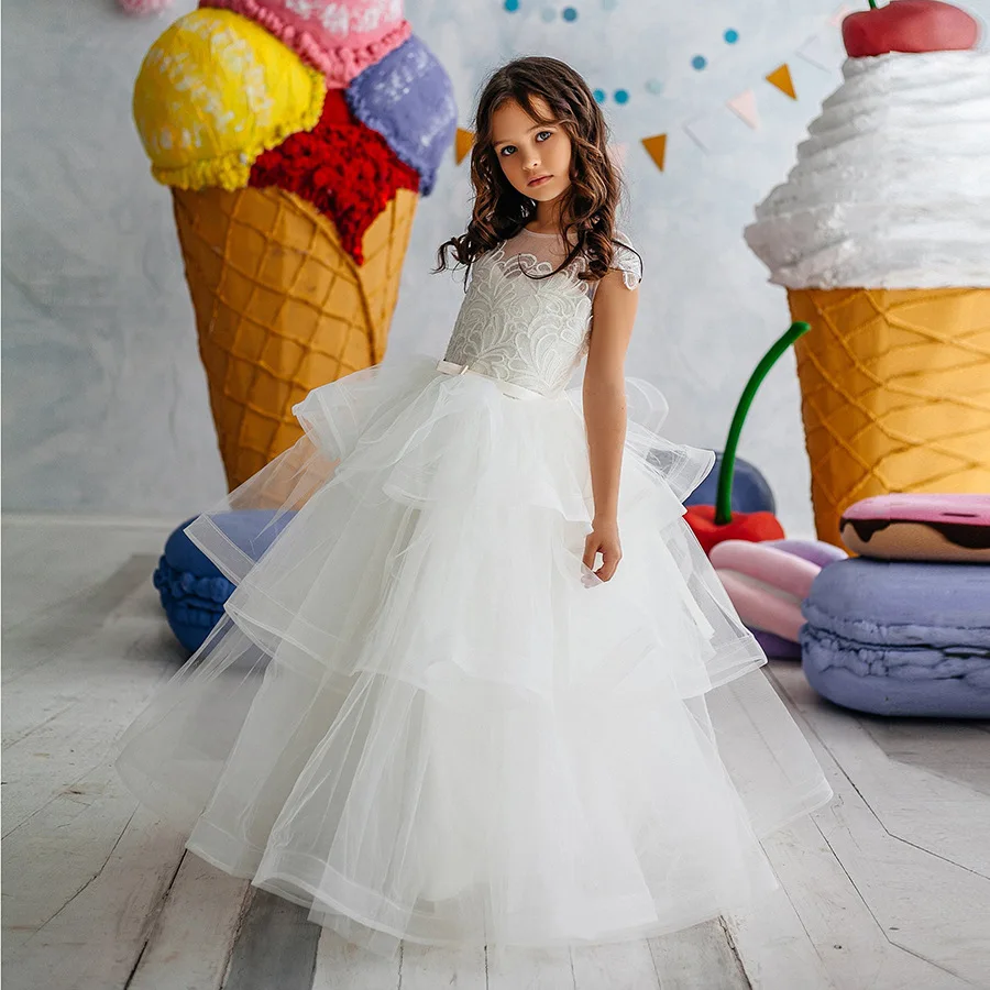 Новые Свадебные Платья с цветочным узором для девочек, бальное платье с круглым вырезом и длинными рукавами, кружевные длинные платья с