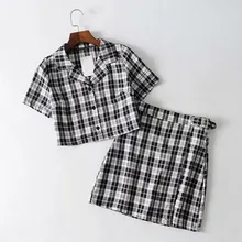 Women Vintage Plaid Two Piece Set Crop Top Shirts And Mini Skirt Matching Sets Casual Outfits Tracksuit