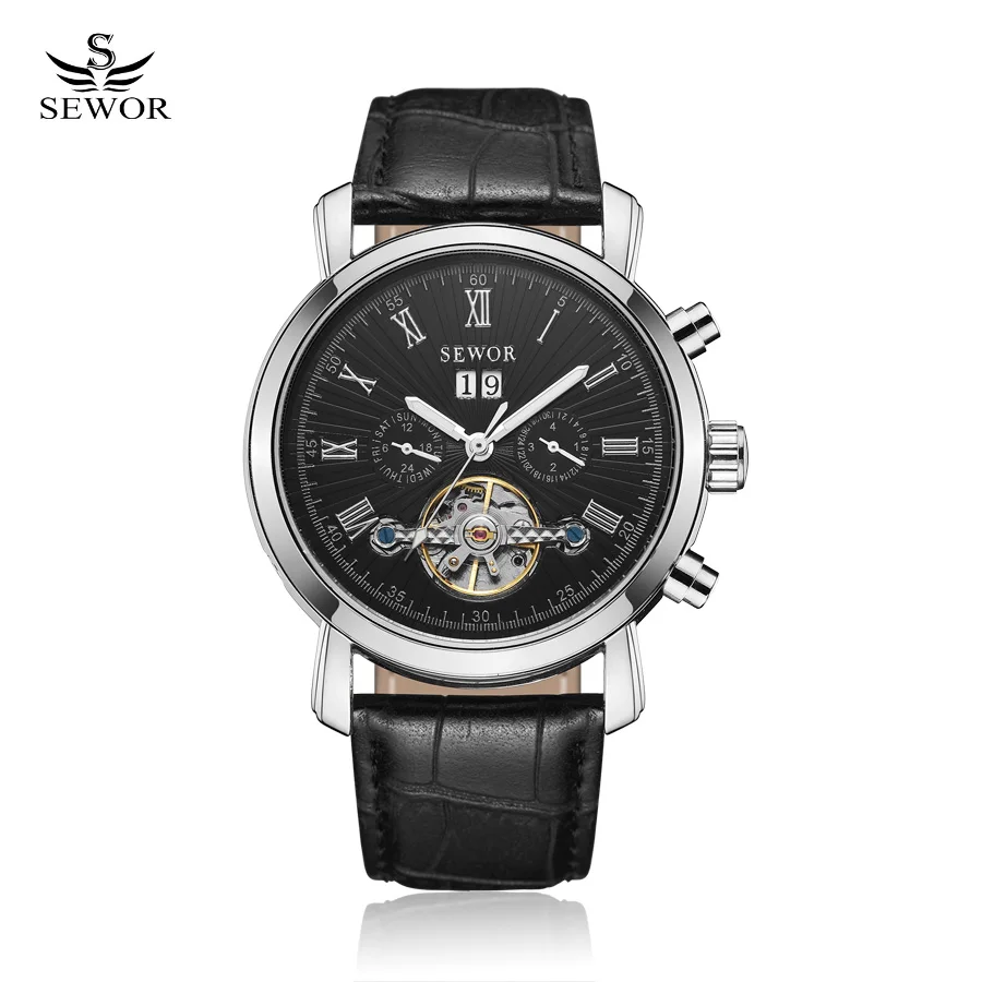 SEWOR Новинка мужские полностью автоматические механические часы Tourbillon Роскошные модные брендовые мужские многофункциональные часы из натуральной кожи