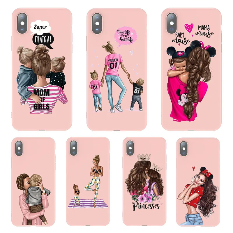 

USLION Black Brown Hair Baby Mom Girl Case For iPhone X XS Max XR 8 7 6 6s Plus 5 5s SE Soft TPU Silicone Woman Phone Cover