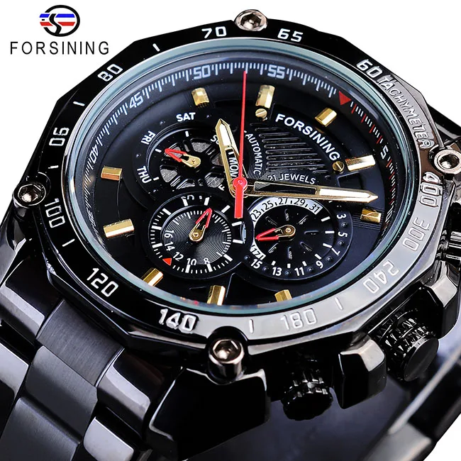 Forsining стимпанк Черный Стальной спортивный гоночный дизайн мужские автоматические наручные часы лучший бренд класса люкс военные механические мужские часы - Цвет: GMT1138-7