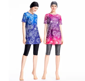 

Two-piece Short Sleeve Muslim Swimwear Women New Female O-neck Swim Suit Girl Print Bathing Wear maillot de bain musulman