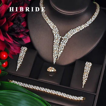 HIBRIDE New Dubai Gold Jewelry Sets For Women Bridal Wedding Accessories 4 pcs Necklace Ring Bracelet Earring Set N-707