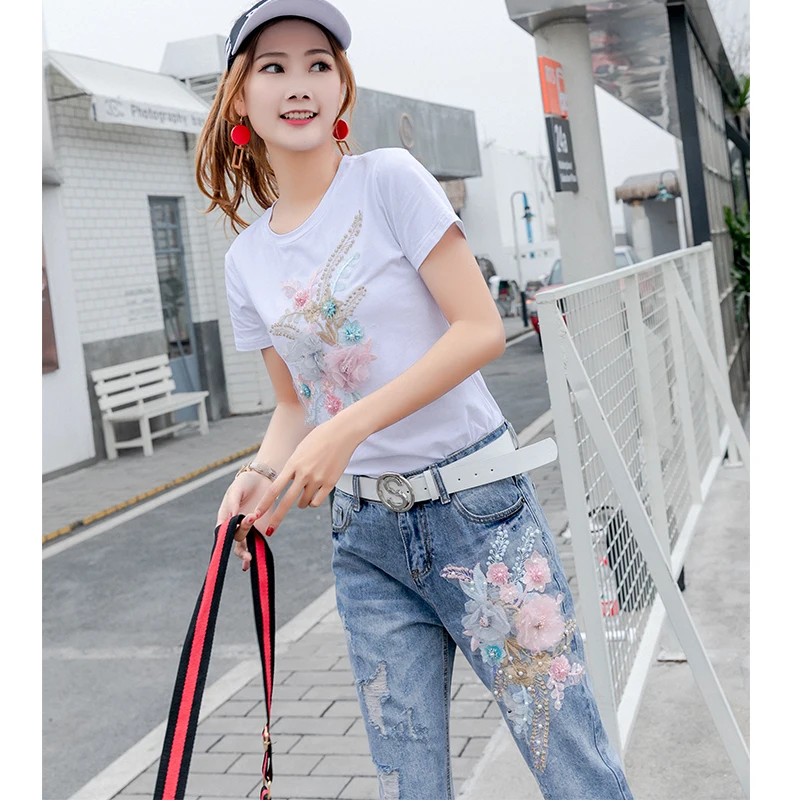 Новинка 2020 стильные модные футболки с цветочной вышивкой + джинсы женские летние