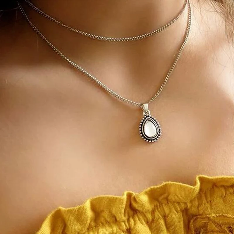 

New Hot Fashion Double Horn Necklace Crescent Water Drop Stone Necklace Boho Multi-layer Jewelry Girlfriend Gift Drop Shipping