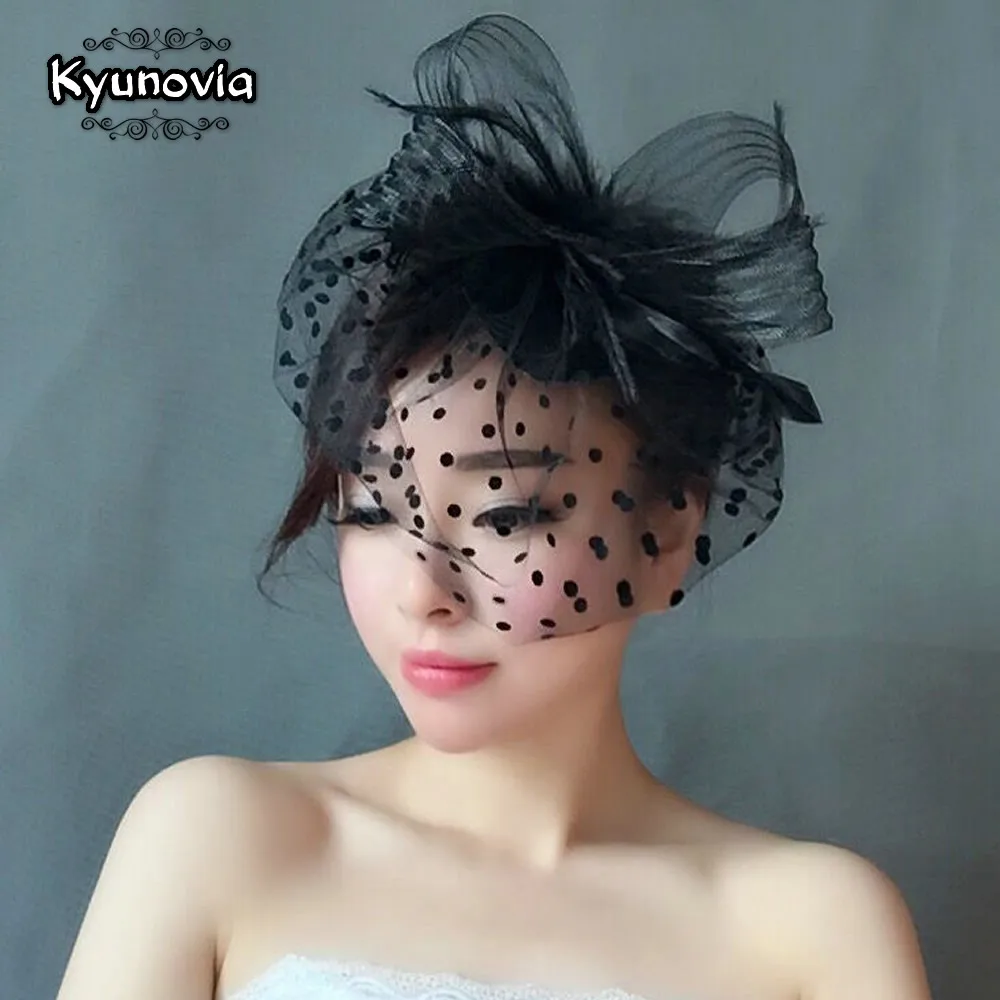 Kyunovia Black/White/Red/Pink/Purple Birdcage Bridal Flower Feathers Fascinator Bride Wedding Hats Face Veils FW12