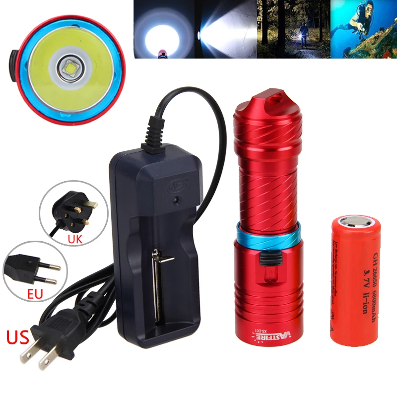 

SCUBA Diving 100m 6000LM XM-U2 LED Flashlight Torch+Charger+26650 Battery+C