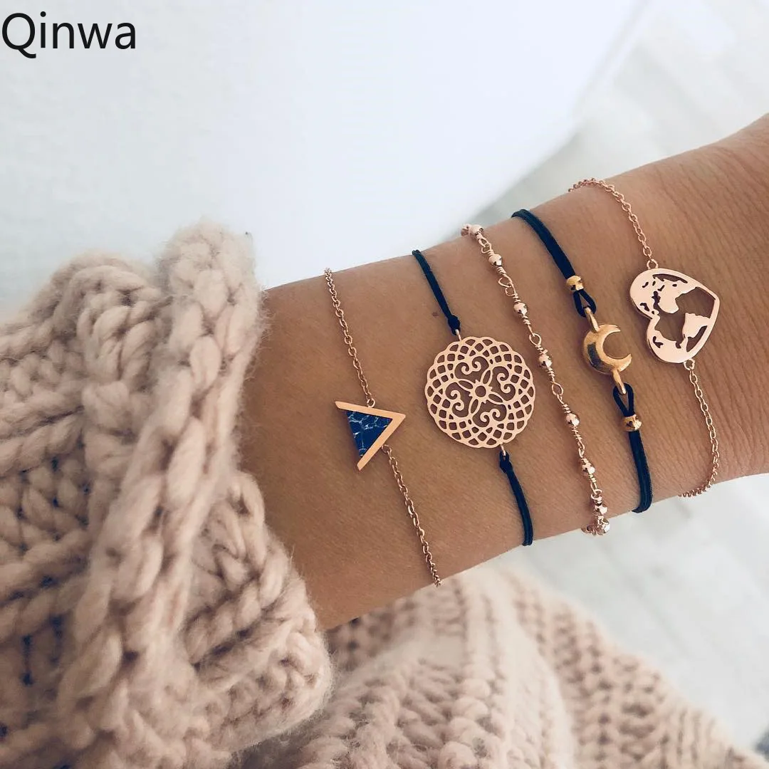 

2019 Bohemian Black Beads Chain Bracelets Bangles For Women Fashion Heart Compass Gold Color Chain Bracelets Sets Jewelry Gifts