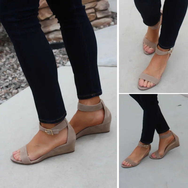 

Women Fashion Flock Wedges Buckle Strap Sandals Ladies Casual Solid Sandals Female Comfy Shoes Size 36-43