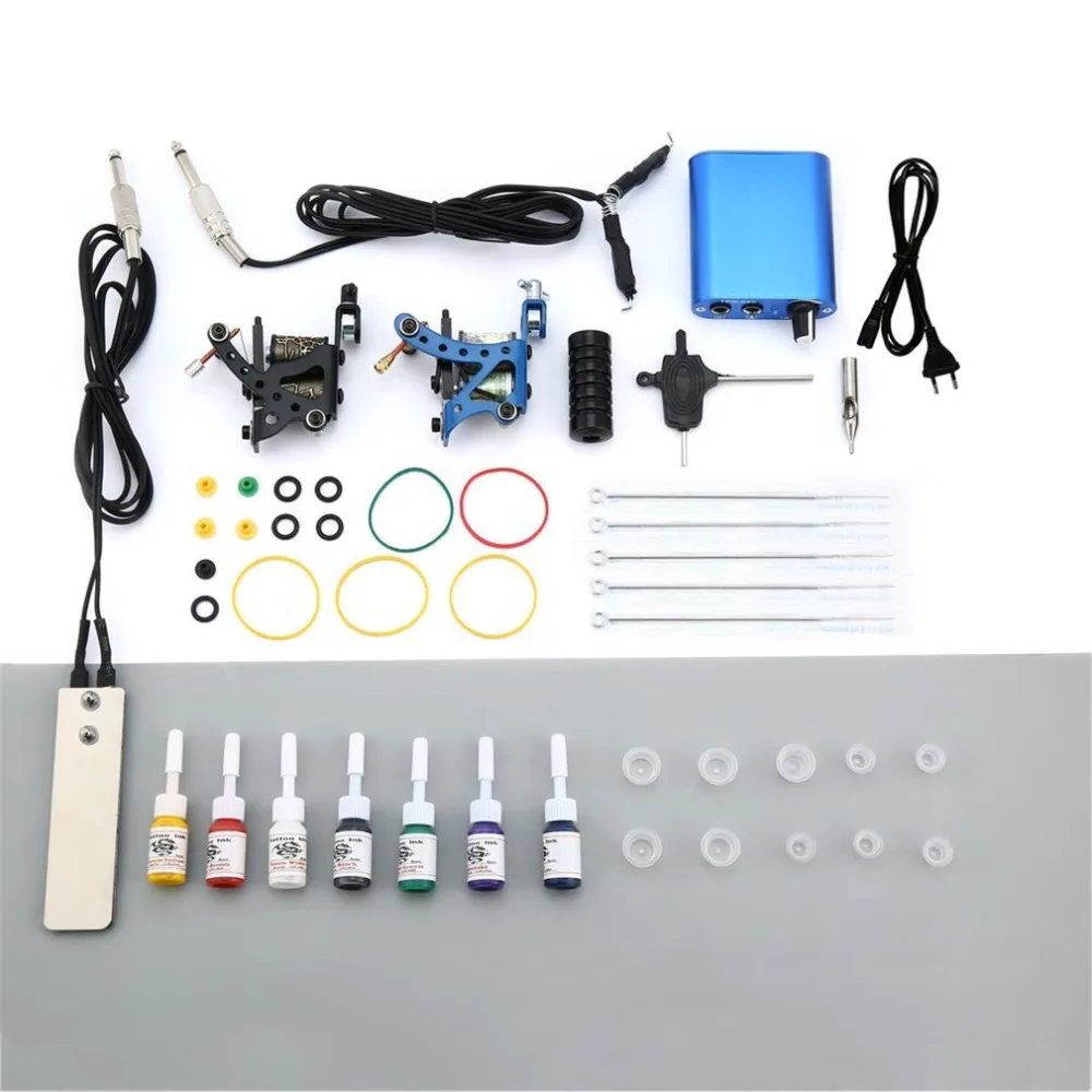 Complete Beginner Tattoo Kit 2 Pro Machine Guns 7 Colors Inks Power Supply Needle Grips Tips Tatto Kits Accessories | Красота и
