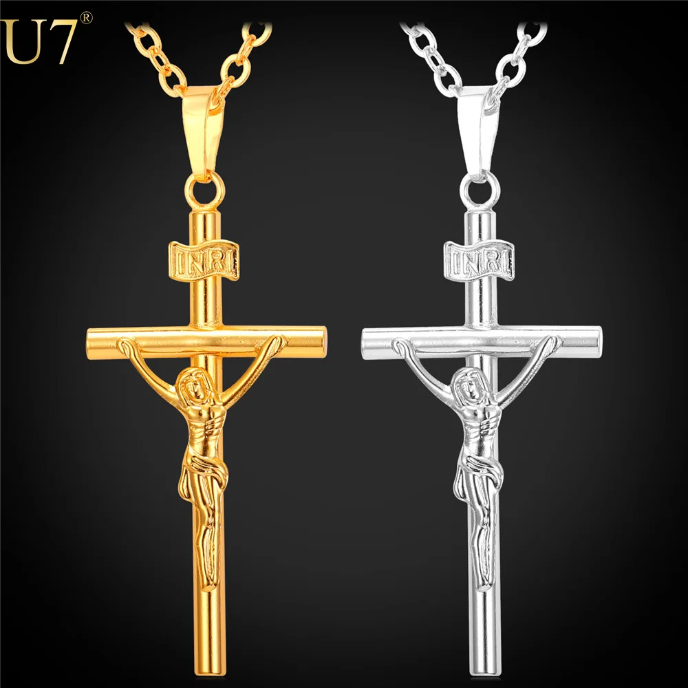 U7 Cross Necklace Women/Men Jewelry Wholesale Trendy Gold Plated INRI
