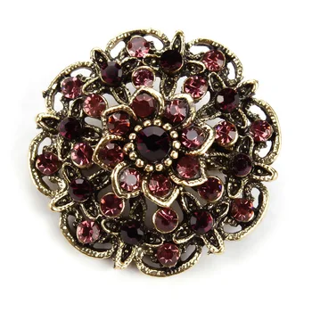 Factory Direct Sale Crystal Rhinestones Flower Brooch Pins for Women in Antique Gold Plated