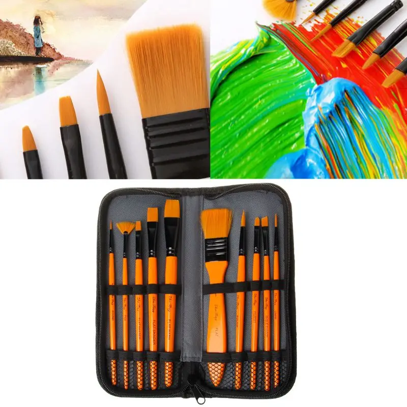 

10Pcs/Set Paint Brushes Kit With Yellow Wooden Handle Nylon Hair For Acrylic Oil Watercolor Drawing Supply