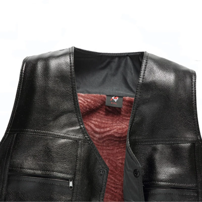 High quality new Winter men motorbike leather vest with fleece thickening middle aged V neck vest shoulders to keep warm