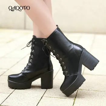 

2019 Square High Heel Ankle Boots Women Fashion Platform Martin Boots Round Toe Lace Up Autumn Winter Female Shoes White Black
