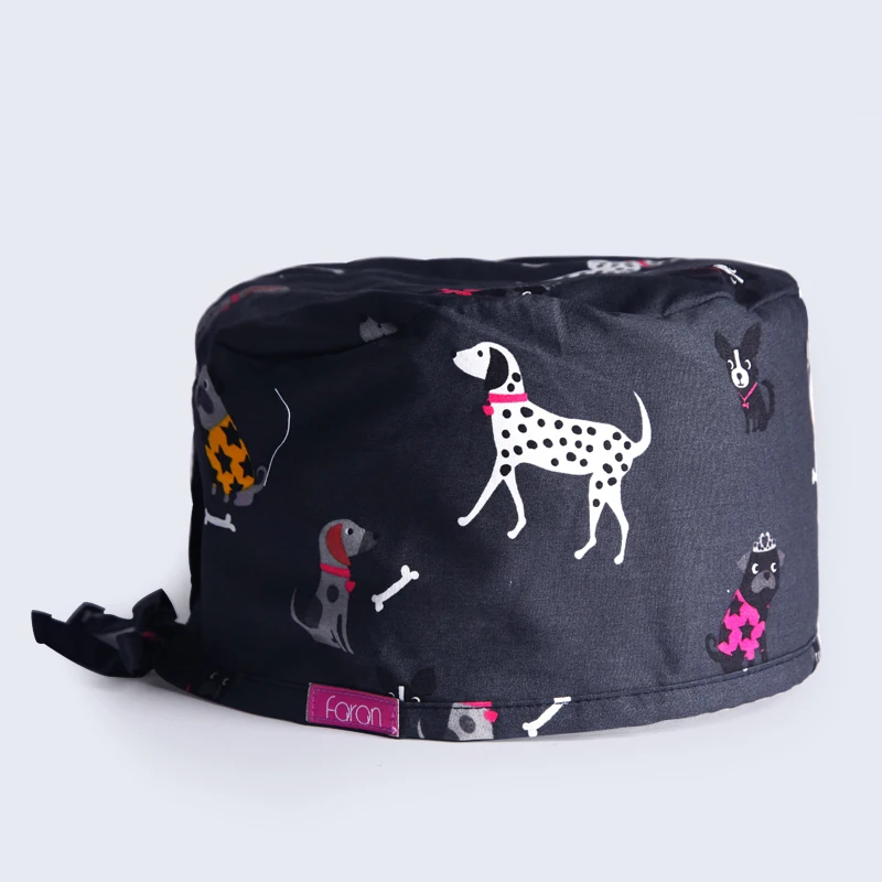 

Dogs Pattern Veterinary Surgeon Caps Medical Scrub Cap Nurse Work Hat Short Hair 100% Cotton Hospital Tieback Round Top Hats