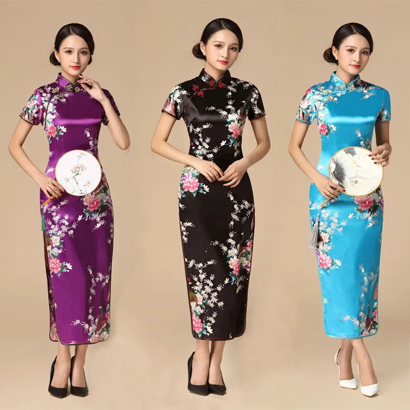 Floral&Peacock Women Traditional Chinese Dress Vintage Mandarin Collar Qipao Oversize Long Slim Cheongsam 3XL 4XL 5XL 6XL chinese style qipao sexy women plus size cheongsam vintage classic chinese dress dragon and phoenix long vestidos 4xl 5xl 6xl