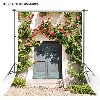 

Vinyl Photo Backdrop Wedding Red Flowers Blue Wood Door Photography Background for Kids Outdoor Nature Scenic Pictures Props