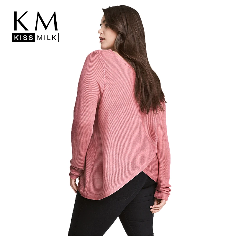 

Kissmilk Women Plus Size Round Neck Asymmetry Sweater Long Sleeve Solid Cirss Cross Basic Tops Large Size Casual Sweater