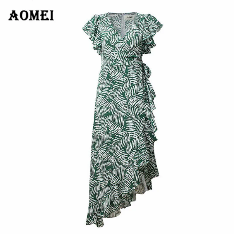 

Dress Summer V-neck Irregular Ruffles with Sashes Bohemian Printed Vacation Women Fashion Asymmetry Robes Female Mid Calf Gowns