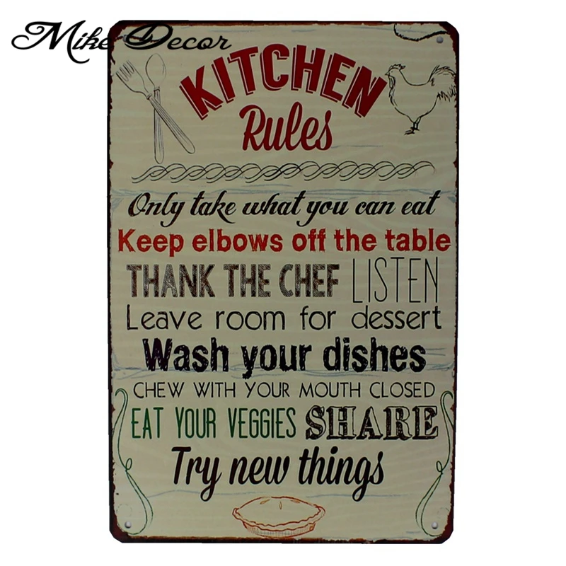 

[ Mike86 ] Kitchen Rules Wall Tin Sign Metal Painting Retro Craft Pub Office Home Decor 20X30 CM AA-1003