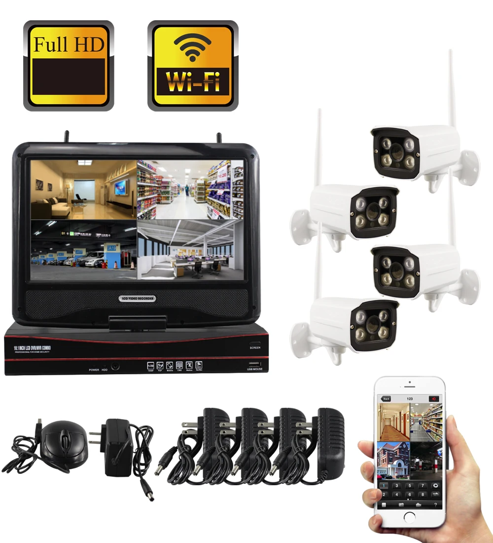 

YobangSecurity 4ch Outdoor Security Ip Camera System 1.3MP 960P WiFi Wireless NVR kit with 10 inch Monitor Surveillance DVR Kit