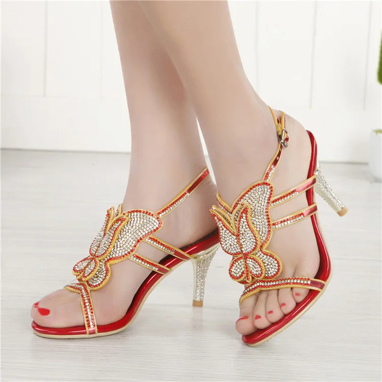 G-sparrow 2018 Womens Summer New High-heeled Sandals Stiletto Diamonds Crystal Sexy Elegant Fashion Red Wedding Shoes 8cm5