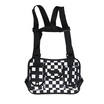 

Fashion Black and White Plaid Chest Bag for Men Kanye West Hip Hop Streetwear Men Tactical Chest Rig Vest Wait Packs Bum Bag