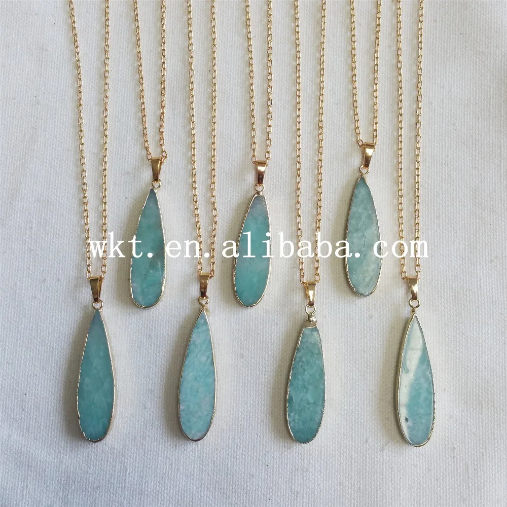 

WT-N615 Fashion long teardrop pendants necklace for wholesale natural amazonite raw teardrop beautiful color pendants necklaces