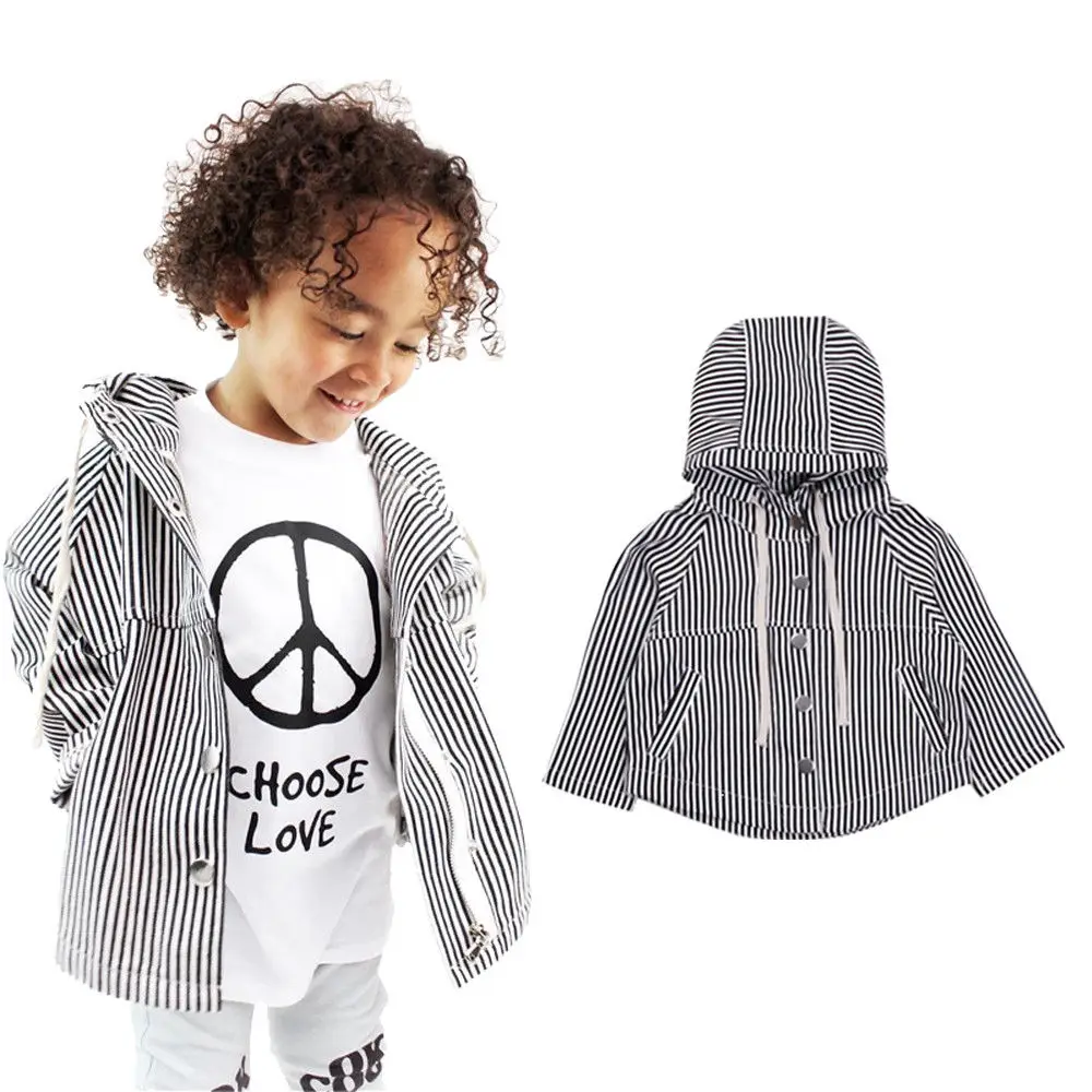 

Cool Baby Boy Toddler Black&White Stripes Buttons Up Jacket Coat Spirng Hooded Jacket Outerwear