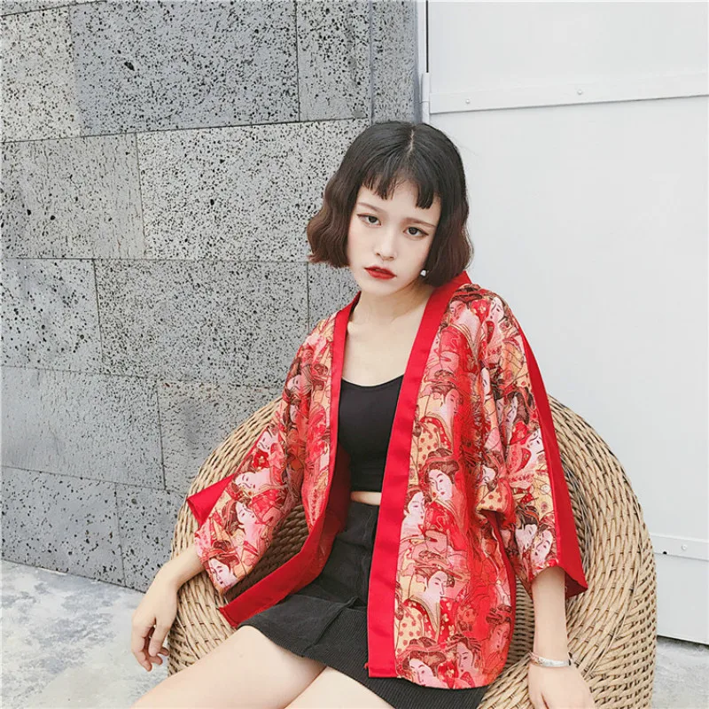 

Harajuku Japanese Style Embroidery Kabukicho Kimono Bat Sleeves Loose Red Cardigan Kimono Tide Clothes