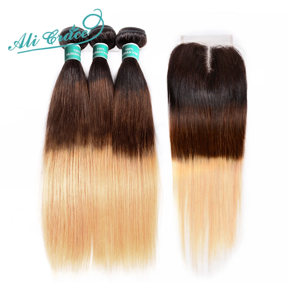 

Ali Grace Hair Brazilian Straight Hair 3 Bundles Human Hair Weave With 4*4 Lace Closure Ombre T1B/4/27 Remy Hair Free Shipping