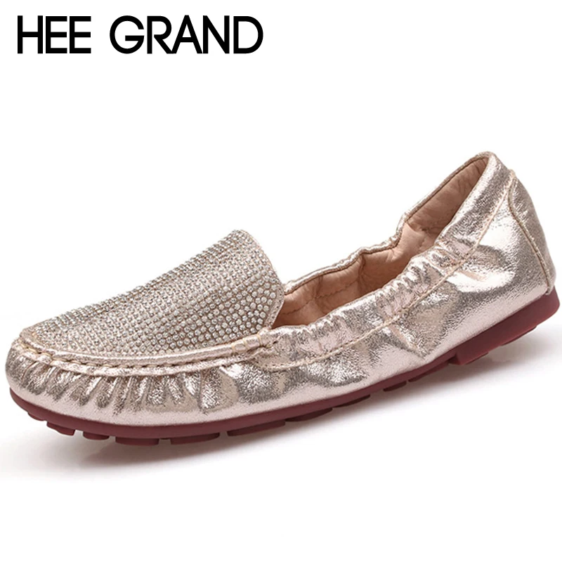 

HEE GRAND 2018 Summer Gold Loafers Split Leather Flats Shoes Woman Slip On Moccasin With Bling Crystal Soft Women Shoes XWD6705