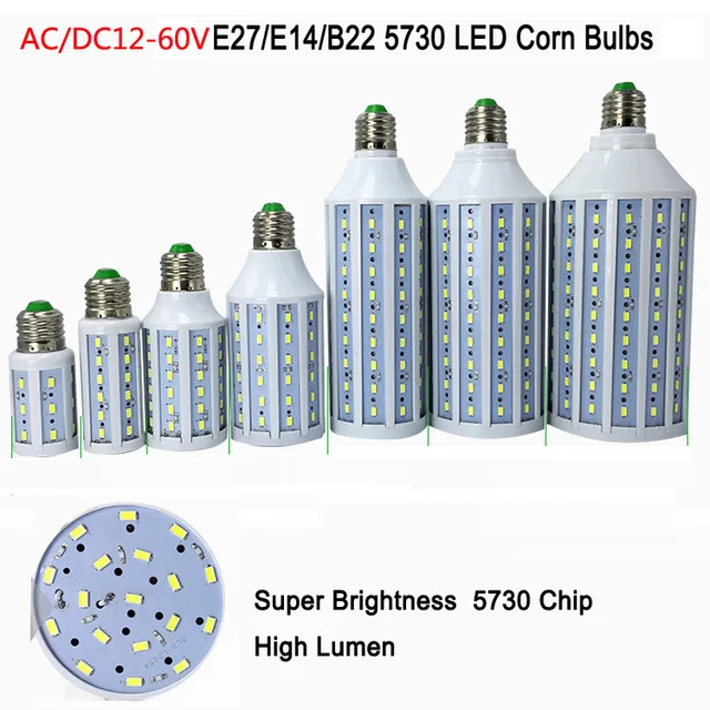 

50pcs AC/DC12V-60v 7w 10w 15w 18w 25w 30W E27 E14 B22 12v 24v 48v 60V led corn bulbs smd 5730 LED corn light warm/cool white