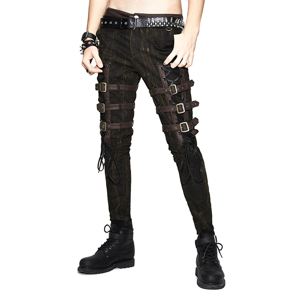 

2019 Steam Punk Men's Thigh Leather Buckle Slimming Trousers Gothic Brown Casual Pants Full Length Pencil Pants
