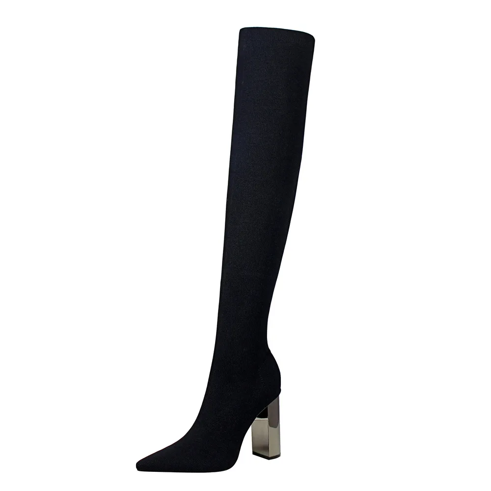 POADISFOO Woman long boots Knee High Boots Square Heels metal heel high heeled pointy sexy thin wool boots. DS-3128-1