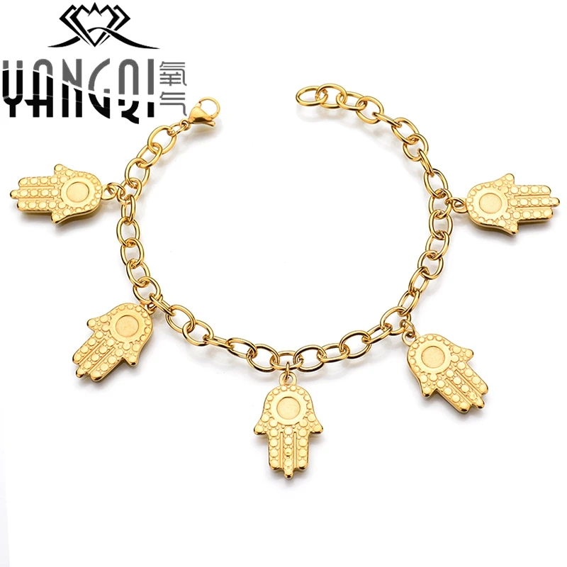 Ethnic Islam Evil Eyes Hand of Fatima Bracelet Gold Color Stainless