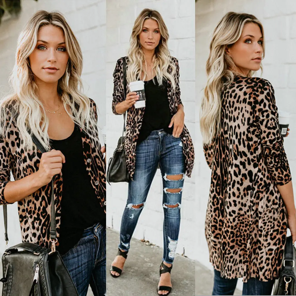 

Autumn New Fashion Women Tops Long Sleeve Leopard Print Tops Lady Casual Boho Long Cardigan Coat Blouse
