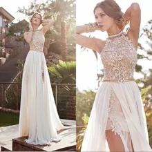 Vintage 2016 Sommer Eine Linie Spitze Brautkleider Neue Halter Backless Spitze Höhe Aufgeschlitzte Chiffon-Eine Linie Strand Prom Braut kleider