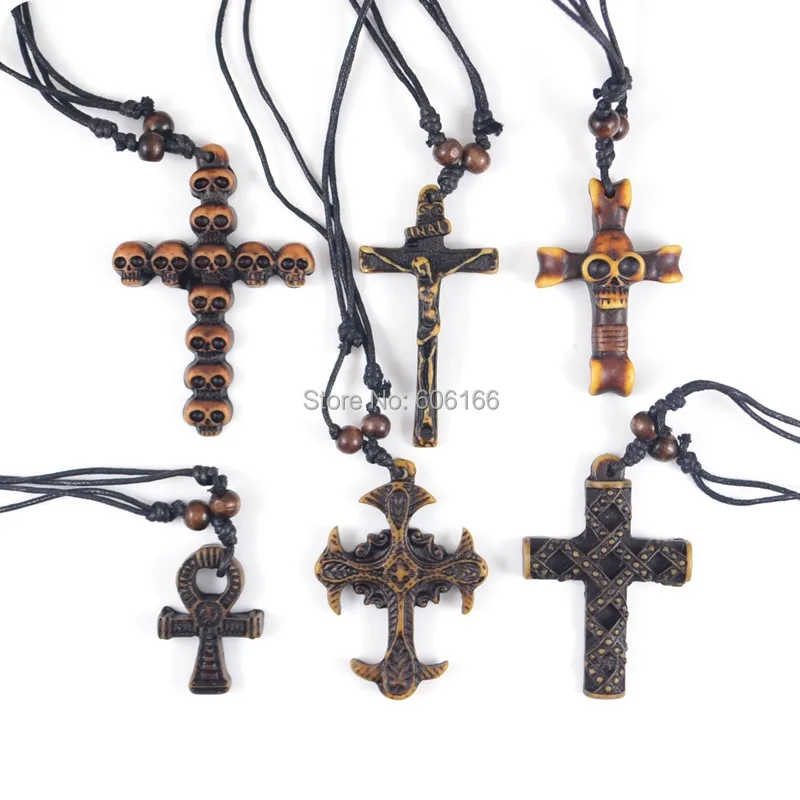 24x смешивания стиль Иисус крест кулон цепочки и ожерелья Череп смолы воском хлопок шнур модные религиозные украшения