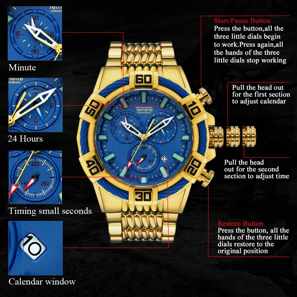 Мужские часы с большим циферблатом, военные спортивные Водонепроницаемые многофункциональные мужские часы TEMEITE, Брендовые мужские наручные часы, кварцевые мужские часы из стали