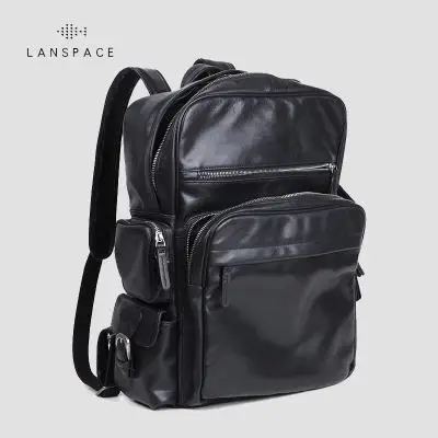 LANSPACE мужской рюкзак из коровьей кожи модный рюкзак из натуральной кожи брендовый мужской рюкзак - Цвет: Black Fine Leather