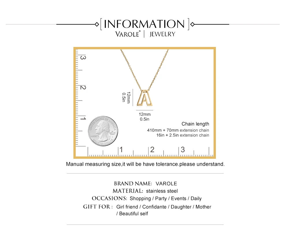 VAROLE 16 дюймов ожерелья-цепочки и подвески для женщин 3D матовая отделка A-Z БУКВЕННОЕ колье с буквами алфавита ювелирные изделия из нержавеющей стали с подарочной коробкой