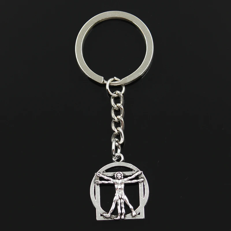 

Fashion 30mm Key Ring Metal Key Chain Keychain Jewelry Antique Silver Plated Da Vinci Human Figure 26x22mm Pendant