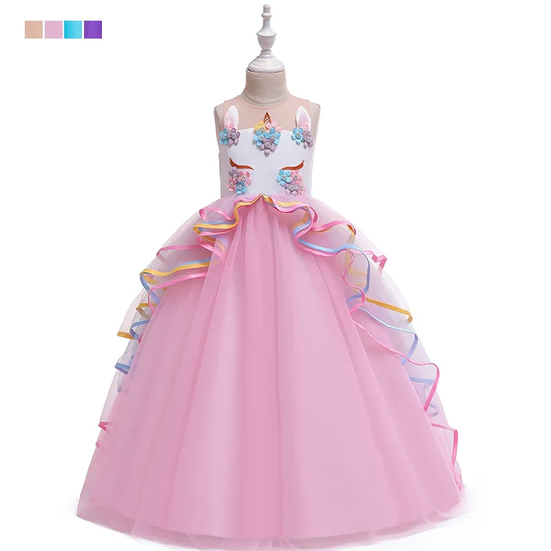 

2019 Big Children's Long Dress Colorful Mesh Cake Pettiskirt Unicorn Princess Dress Festival Performance Dress